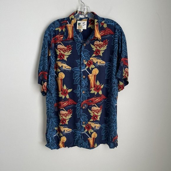 Vtg M.E. Sport Blue Hawaiian Short Sleeve Shirt Aloha Cars Cocktails - Picture 1 of 5
